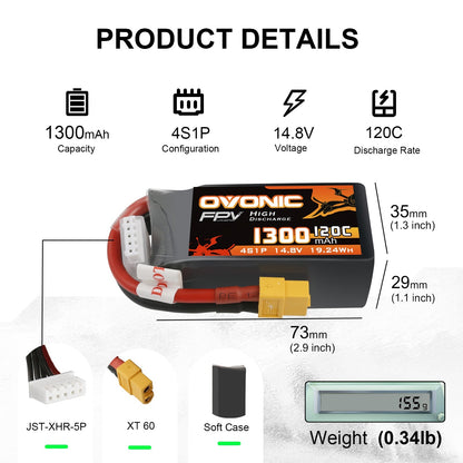 Ovonic 1300mAh 4S 14.8V 120C LiPo battery dimensions 73×35×29mm, XT60 and JST-XHR-5P, 155g weight