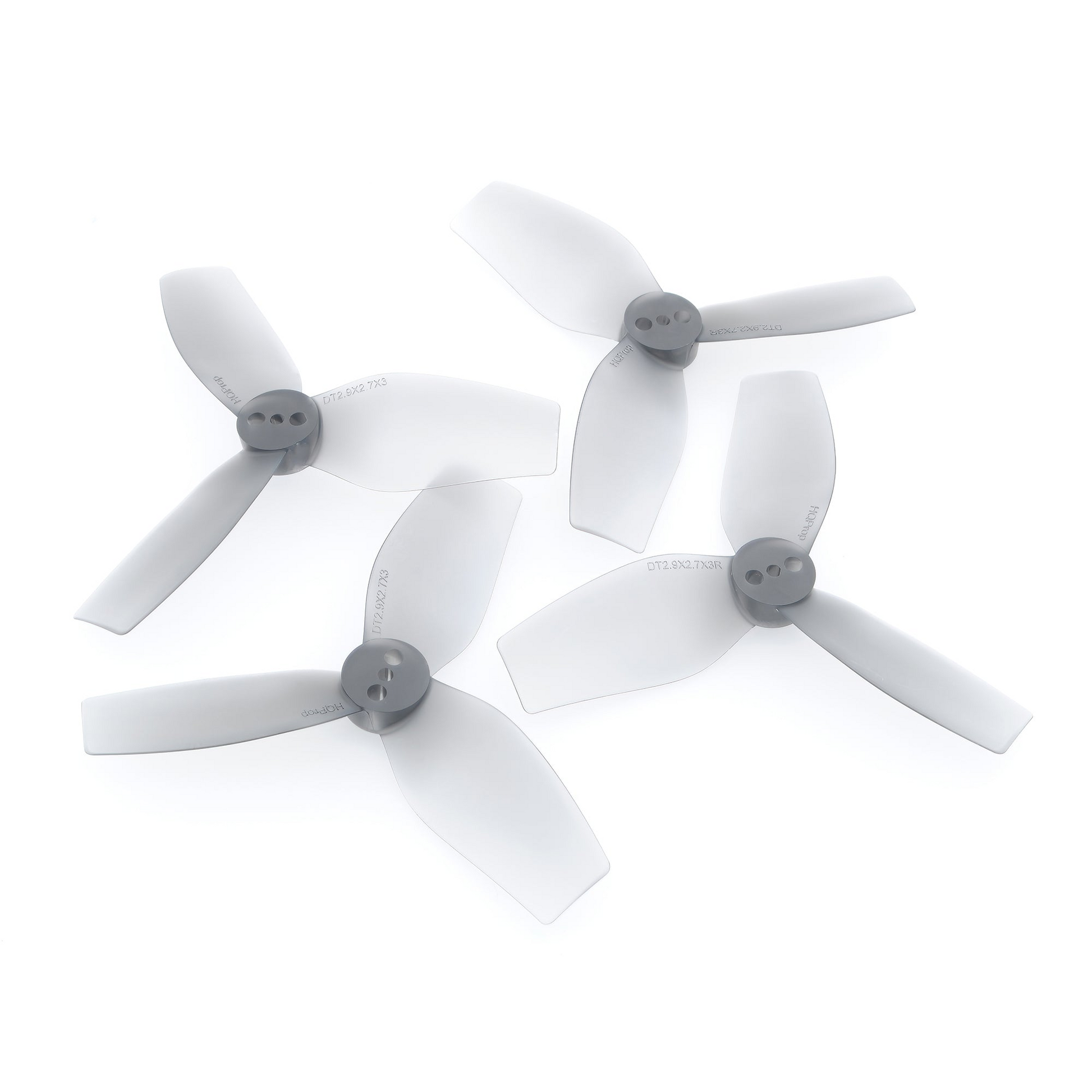 HQProp DT2.9X2.7X3 2.9in 3-blade propellers in gray, set of four on white background