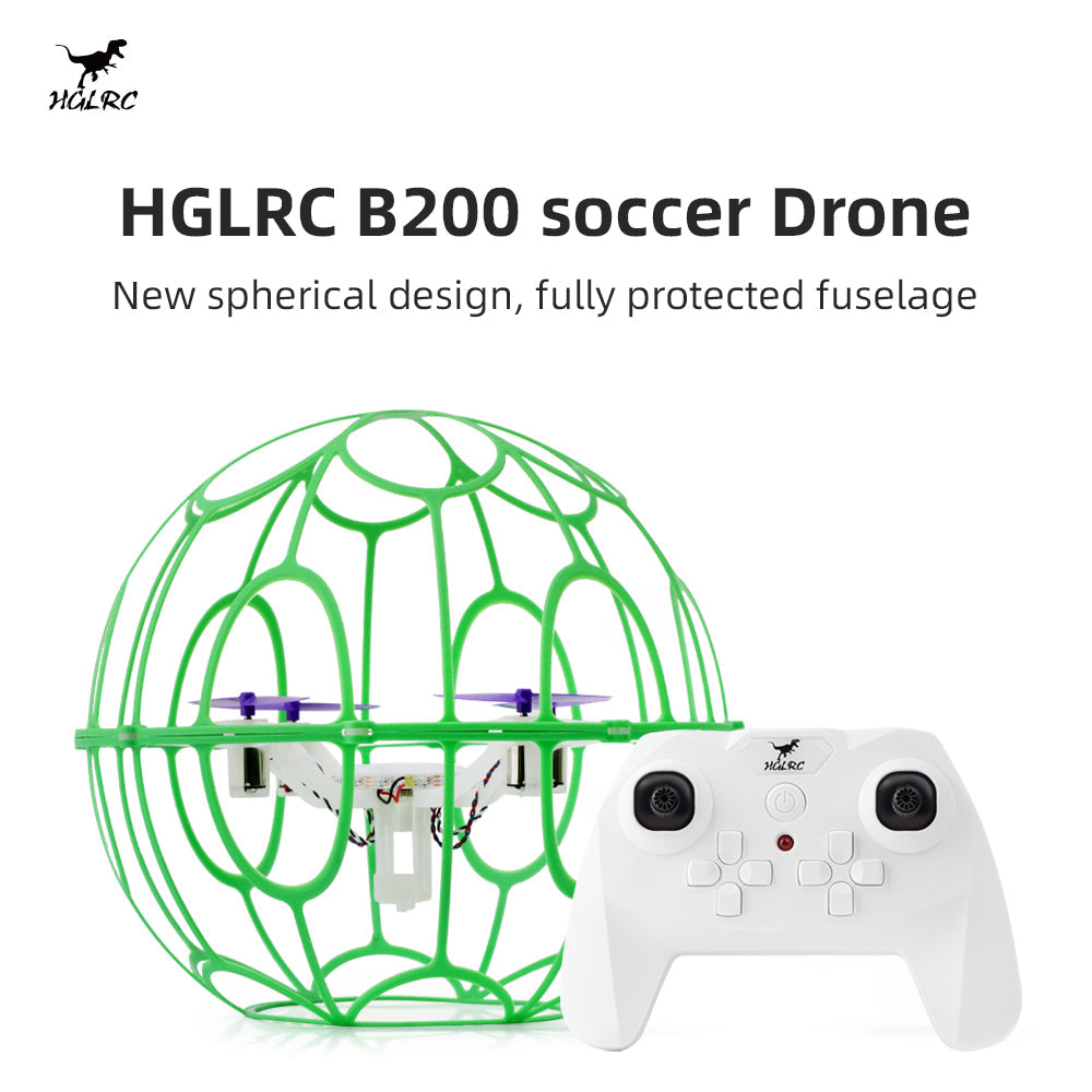 HGLRC B200 soccer Drone promo graphic with green cage and white remote controller
