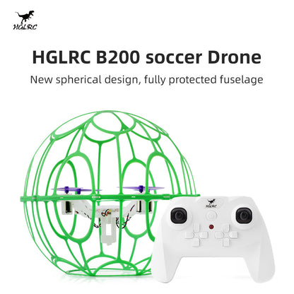 HGLRC B200 soccer Drone promo graphic with green cage and white remote controller