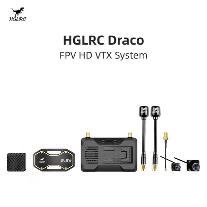 HGLRC Draco FPV HD VTX system banner with air unit, ground unit, antennas and dual cameras