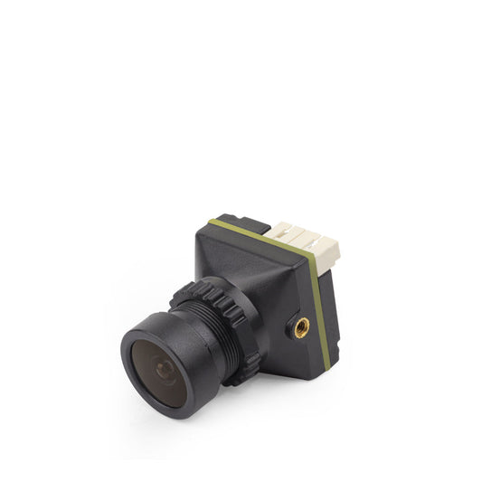 HGLRC L-Series FPV camera angled view with lens and 3-pin connector
