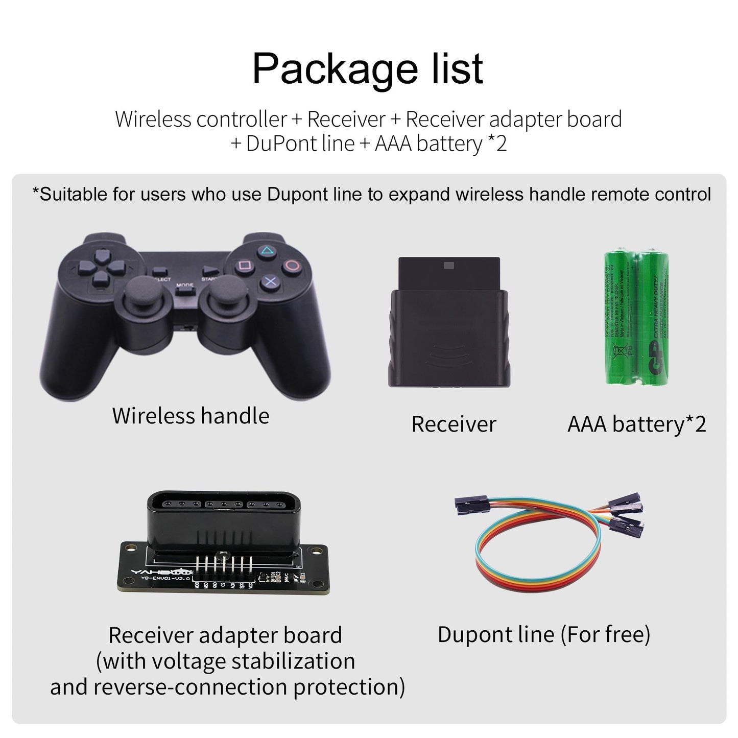 Package list graphic showing wireless handle, receiver, adapter board, Dupont line and 2x AAA batteries