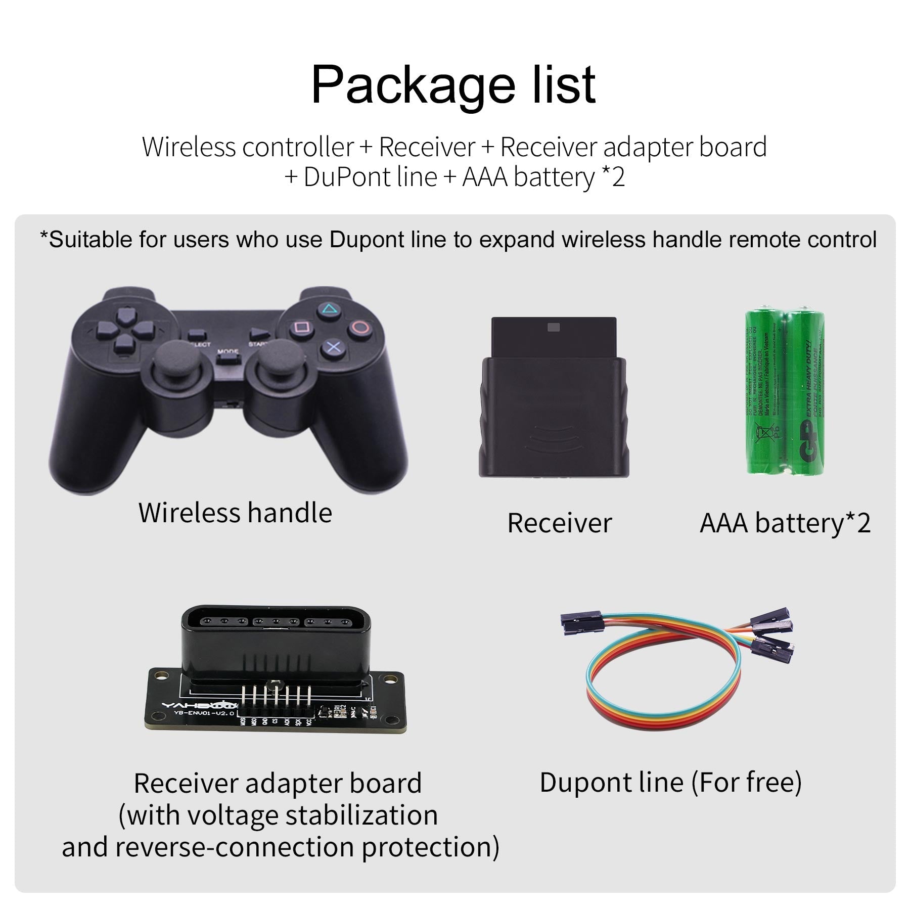 Package list graphic showing wireless handle, receiver, adapter board, Dupont line and 2x AAA batteries