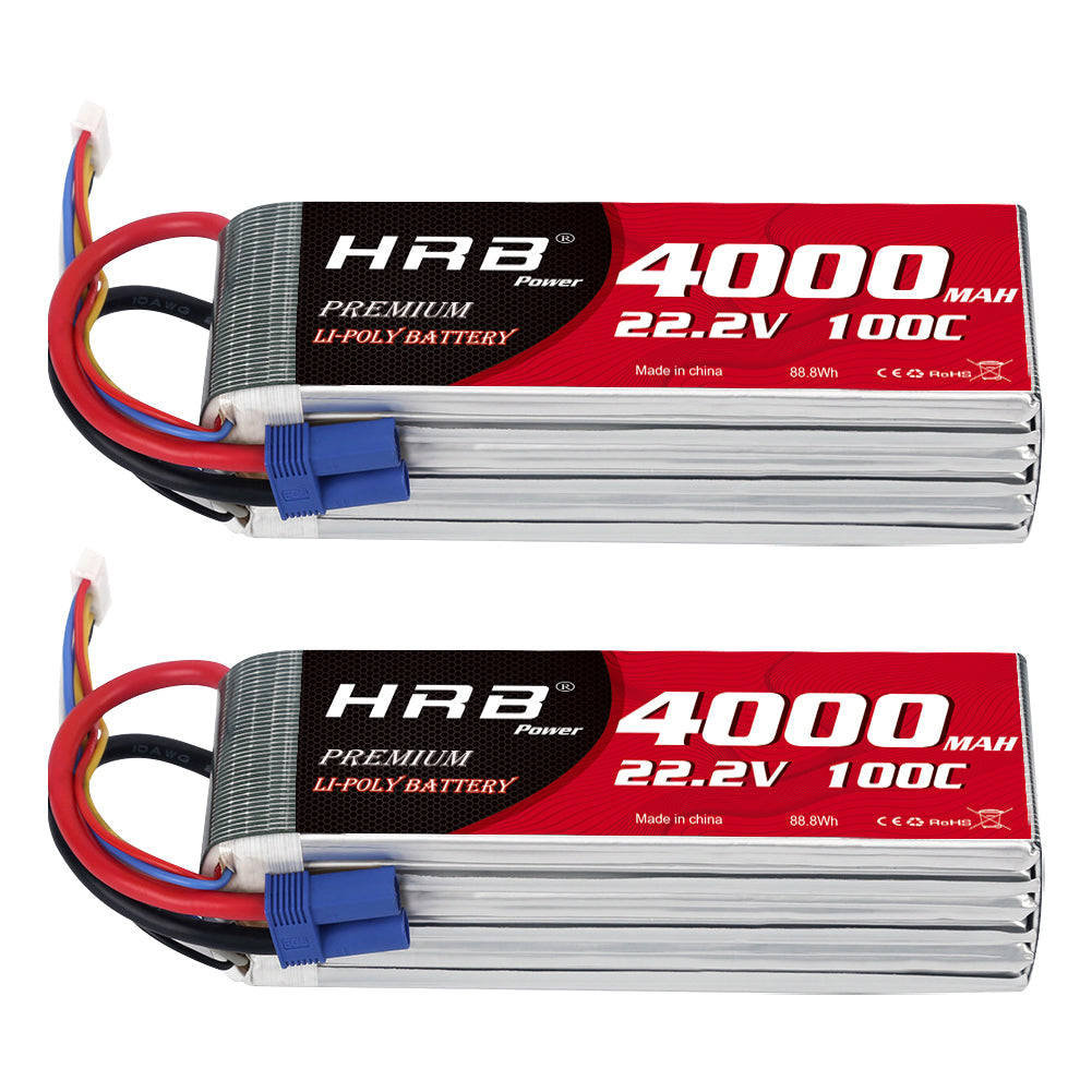 HRB 2PCS 4000mAh 6S 22.2V 100C LiPo Battery pack set, two batteries with blue power plug and balance lead