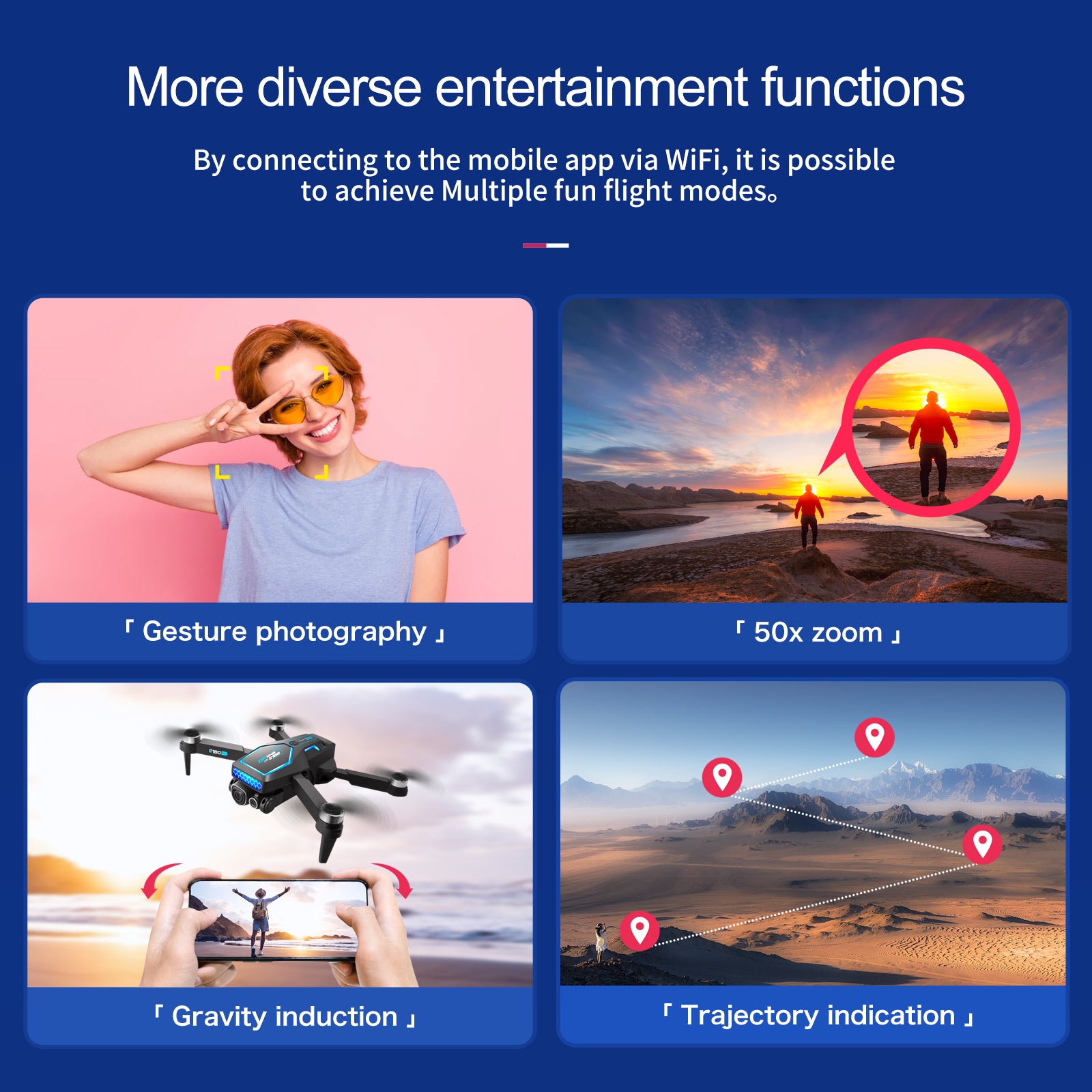 S180 Drone, Control your drone with WiFi, featuring multiple modes, zoom, and gestures.