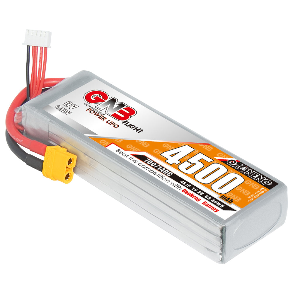 GNB LiHV 4S 15.2V 4500mAh 70C LiPo battery with XT60 plug and balance lead, angled view