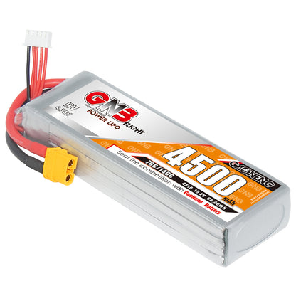 GNB LiHV 4S 15.2V 4500mAh 70C LiPo battery with XT60 plug and balance lead, angled view