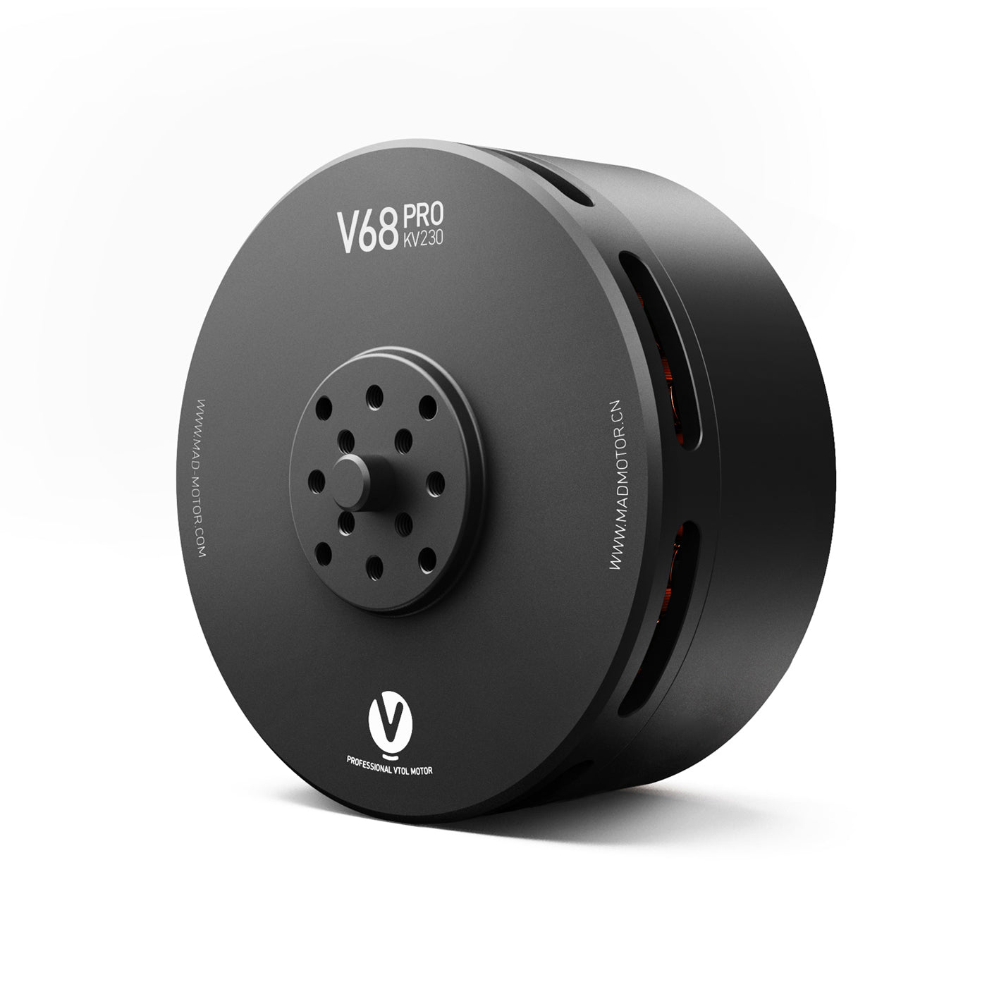 MAD V68 Pro IPE V1.0 230KV eVTOL Drone Motor, MAD V68 Pro KV230 brushless eVTOL drone motor with black housing, vented sides, and front mounting holes
