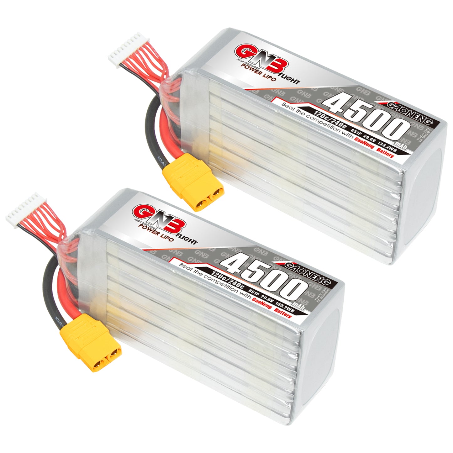 Two GAONENG GNB 4500mAh 8S LiPo batteries shown with yellow XT90 connectors and balance leads