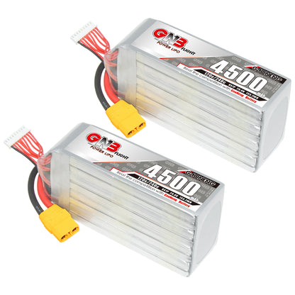 Two GAONENG GNB 4500mAh 8S LiPo batteries shown with yellow XT90 connectors and balance leads