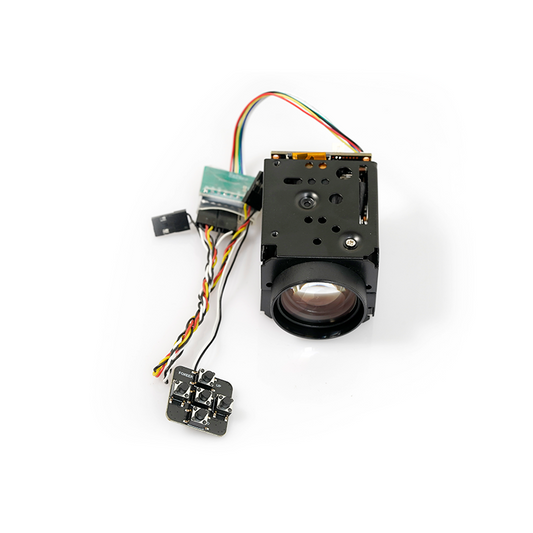Foxeer 10X zoom FPV camera module with large lens, wiring harness, and small control button board