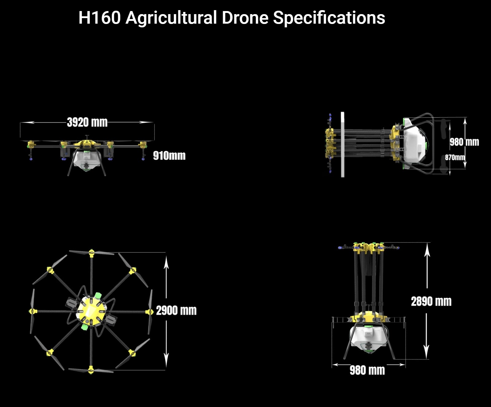 H160 Agricultural Drone - 8 Axis 72L 82L Spray / 80KG Spread X8 Motor Skydroid H12 14S 42000mAh Battery Agri Drone 19 H160 Agricultural Drone, X8 ESC – Maximum Continuous Operating Current 120 A Foldable Propeller –