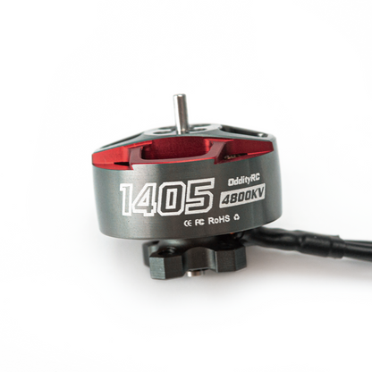 OddityRC 1405 motor side label showing 4800KV marking and OddityRC branding on gray can