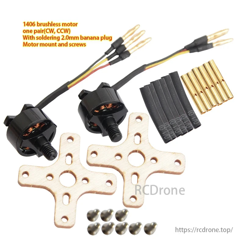 1406 3300KV Brushless Motor, 1406 brushless motor set (CW & CCW) with 2.0mm banana plug, mount, screws, and heat sink for RC use.