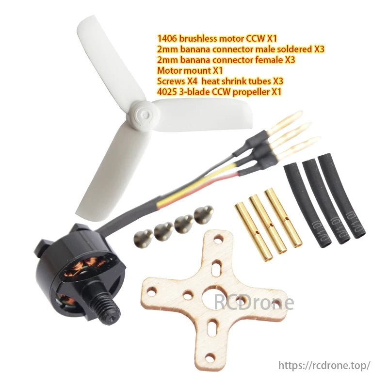 1406 3300KV Brushless Motor, 1406 brushless motor kit with CCW propeller, connectors, mount, screws, and heat shrink tubes.