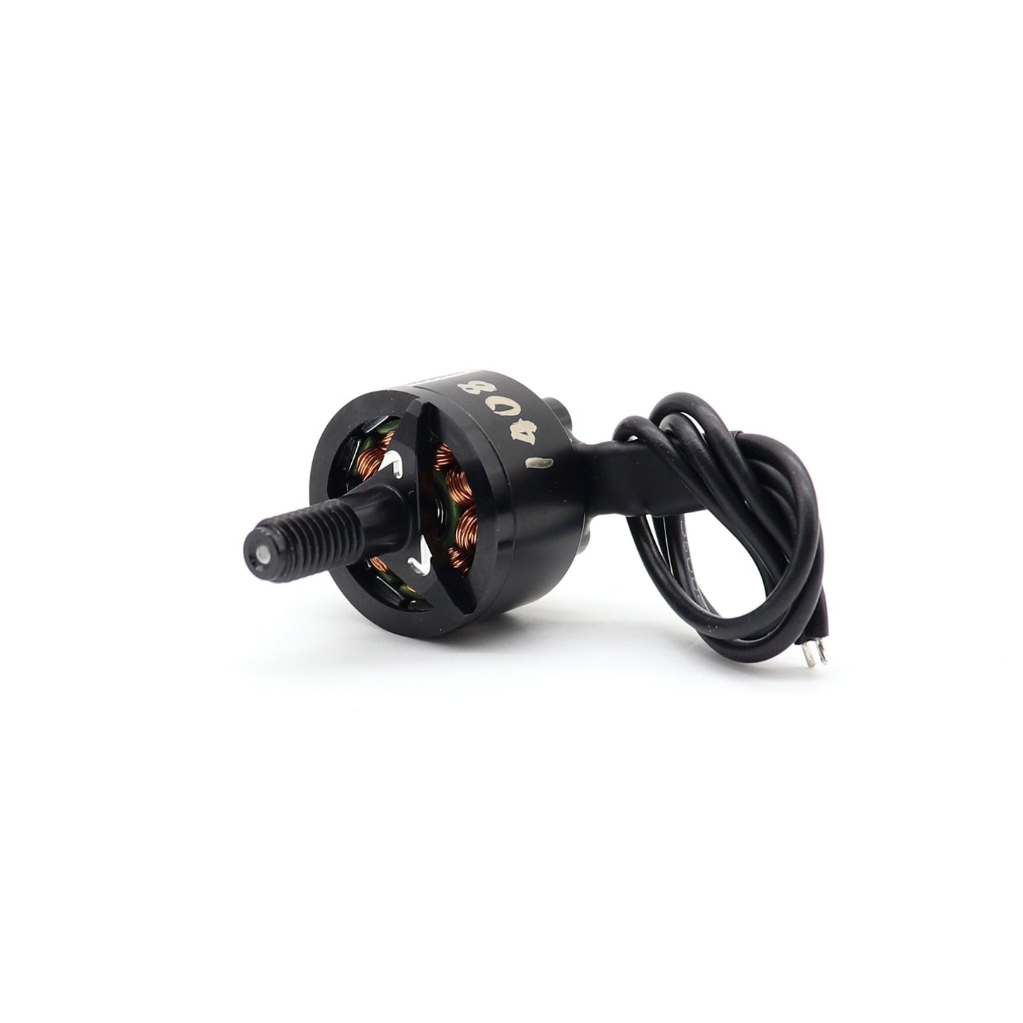 ATOMRC 1408 brushless motor angled view with threaded shaft, visible copper windings and lead wire
