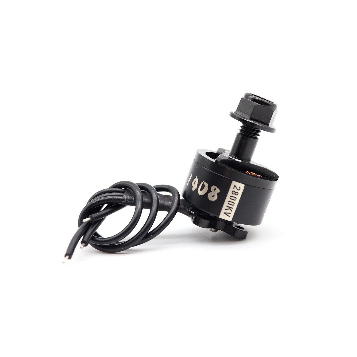 Side view of 1408 brushless motor with mounting base and 2800KV sticker, cable lead included
