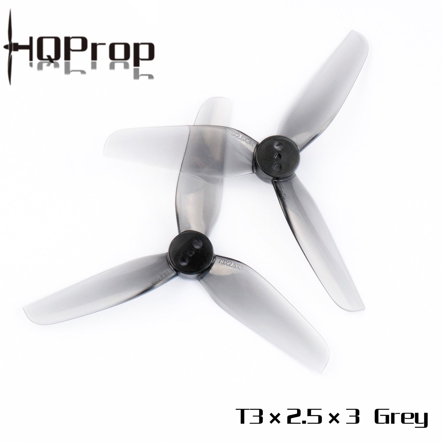 Two grey HQProp T3x2.5x3 tri-blade propellers shown overlapping, top view