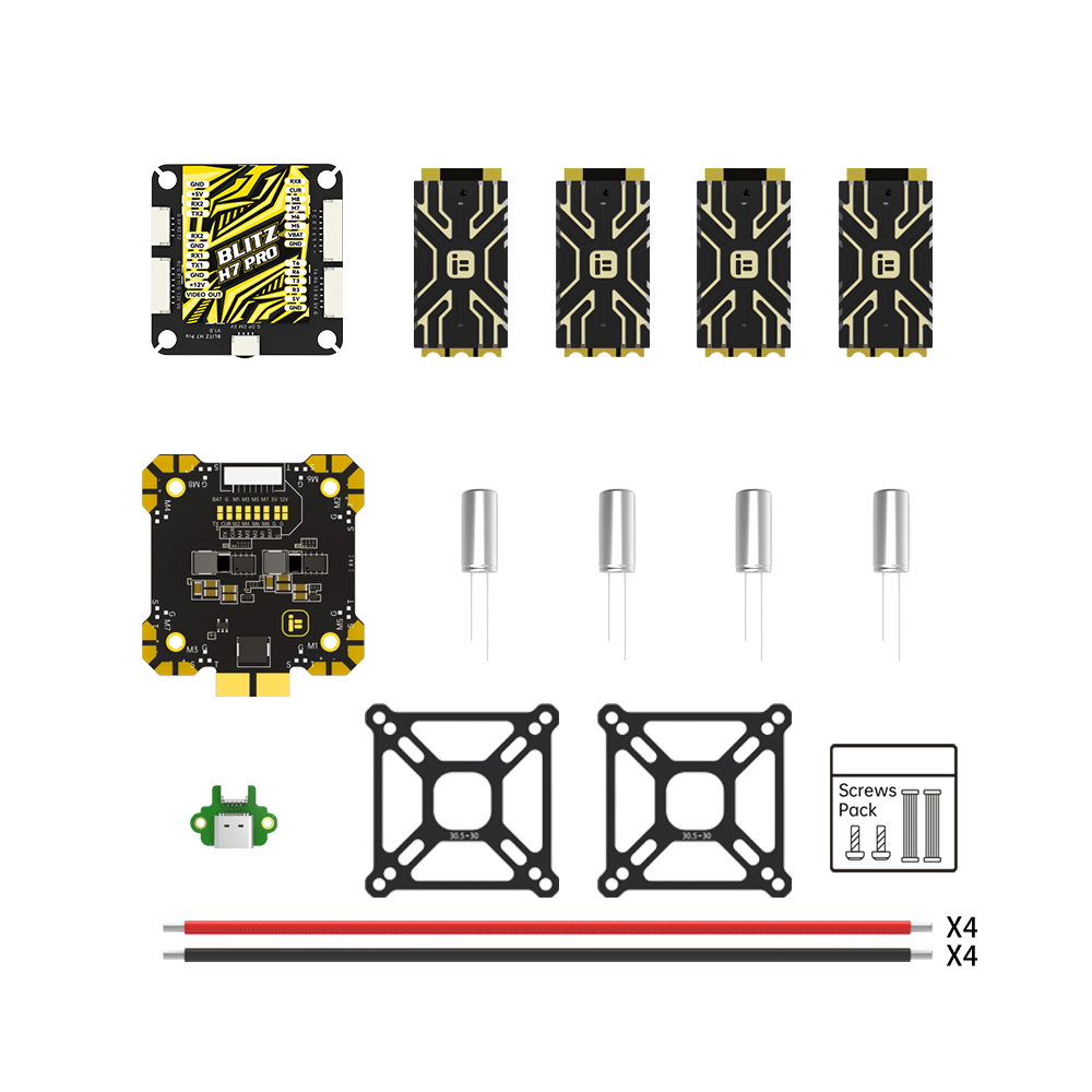iFlight BLITZ H7 Pro flight controller kit with FC boards, capacitors, mounting plates, screws pack, and power wires