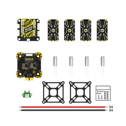 iFlight BLITZ H7 Pro flight controller kit with FC boards, capacitors, mounting plates, screws pack, and power wires