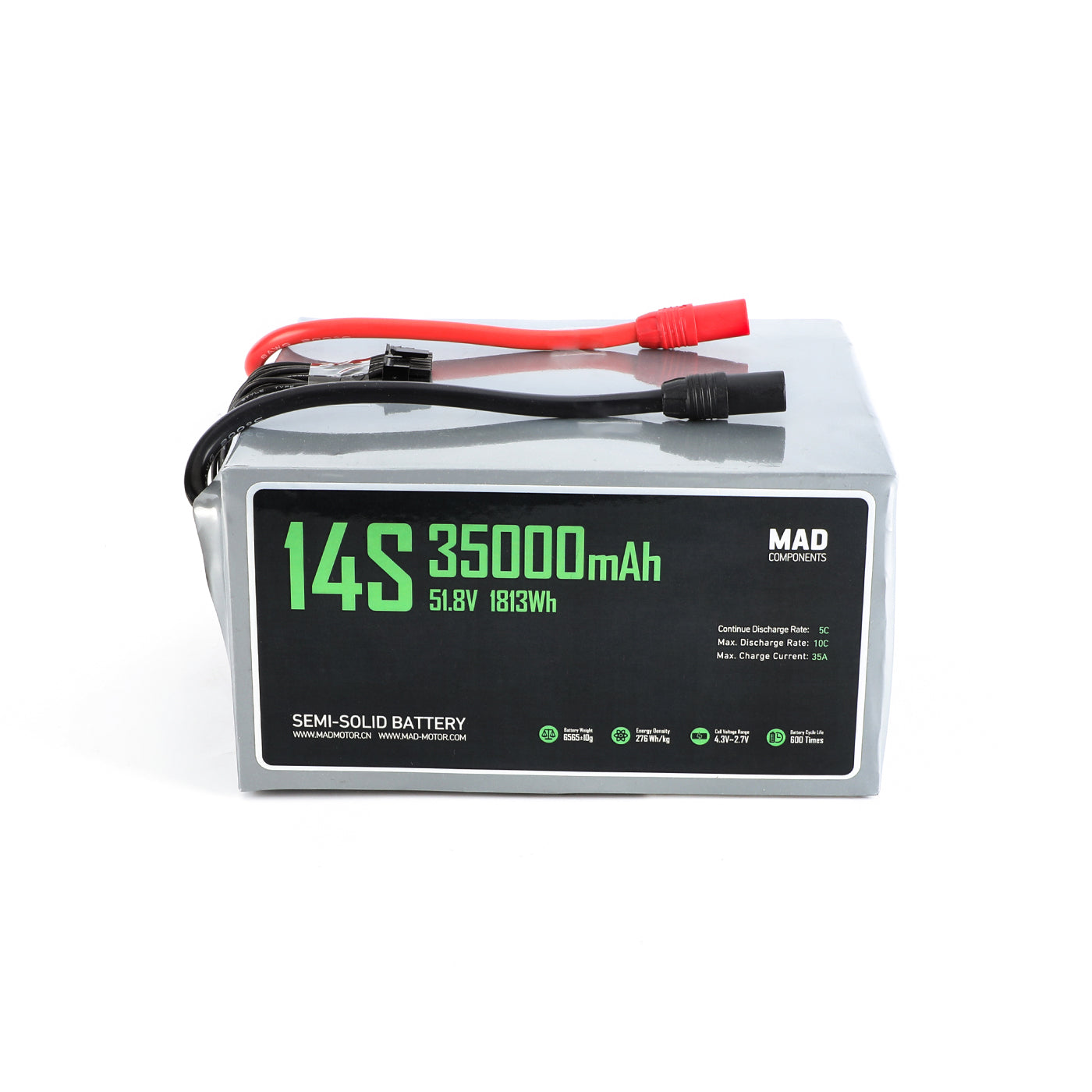 MAD 14S 35000mAh semi-solid lithium-ion drone battery pack labeled 51.8V 1813Wh with power leads