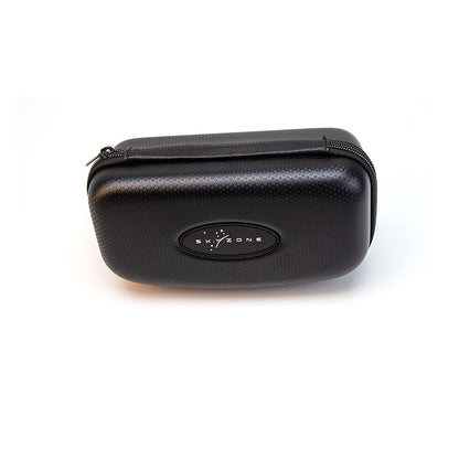 Side view of black Skyzone hard goggle case showing carry strap and wraparound zipper