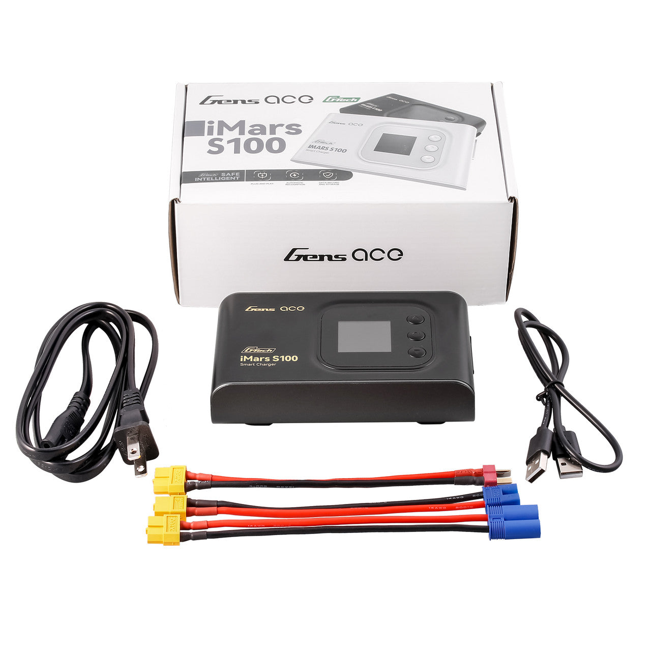 Gens ace iMars S100 G-Tech RC Battery, Gens ace iMars S100 smart RC battery charger kit with box, AC power cord, USB cable, and adapter leads
