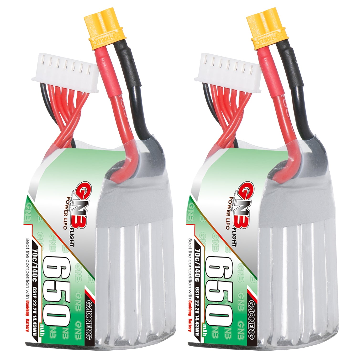 GNB6506S70A 6S 22.2V 650mAh 70C LiPo battery with XT30 connector and balance lead, 2-pack view