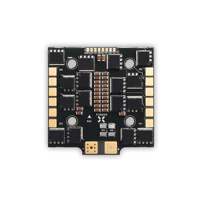 Foxeer Reaper 82A F4 128K BLHeli32 4-in-1 ESC, Foxeer Reaper 82A 4-in-1 drone ESC board with motor pads M1–M4 and large +/- power pads