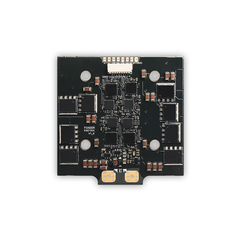 Foxeer Reaper 82A F4 128K BLHeli32 4-in-1 ESC, Foxeer Reaper 82A 4-in-1 ESC board with black PCB, motor pads, and compact connector layout