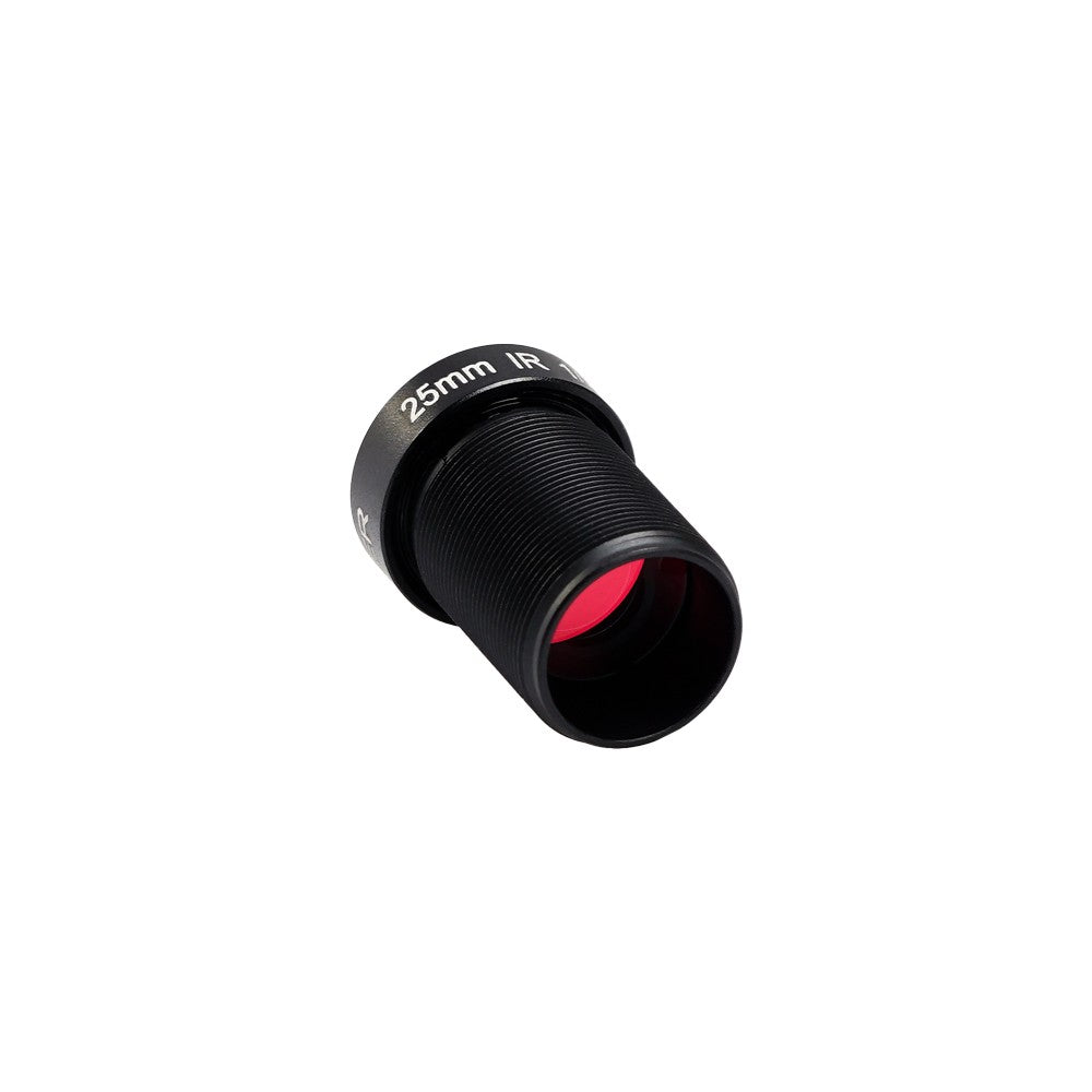 Foxeer 25mm IR Block M12 Lens, Foxeer 25mm IR block M12 camera lens, black threaded barrel with red-tinted glass element