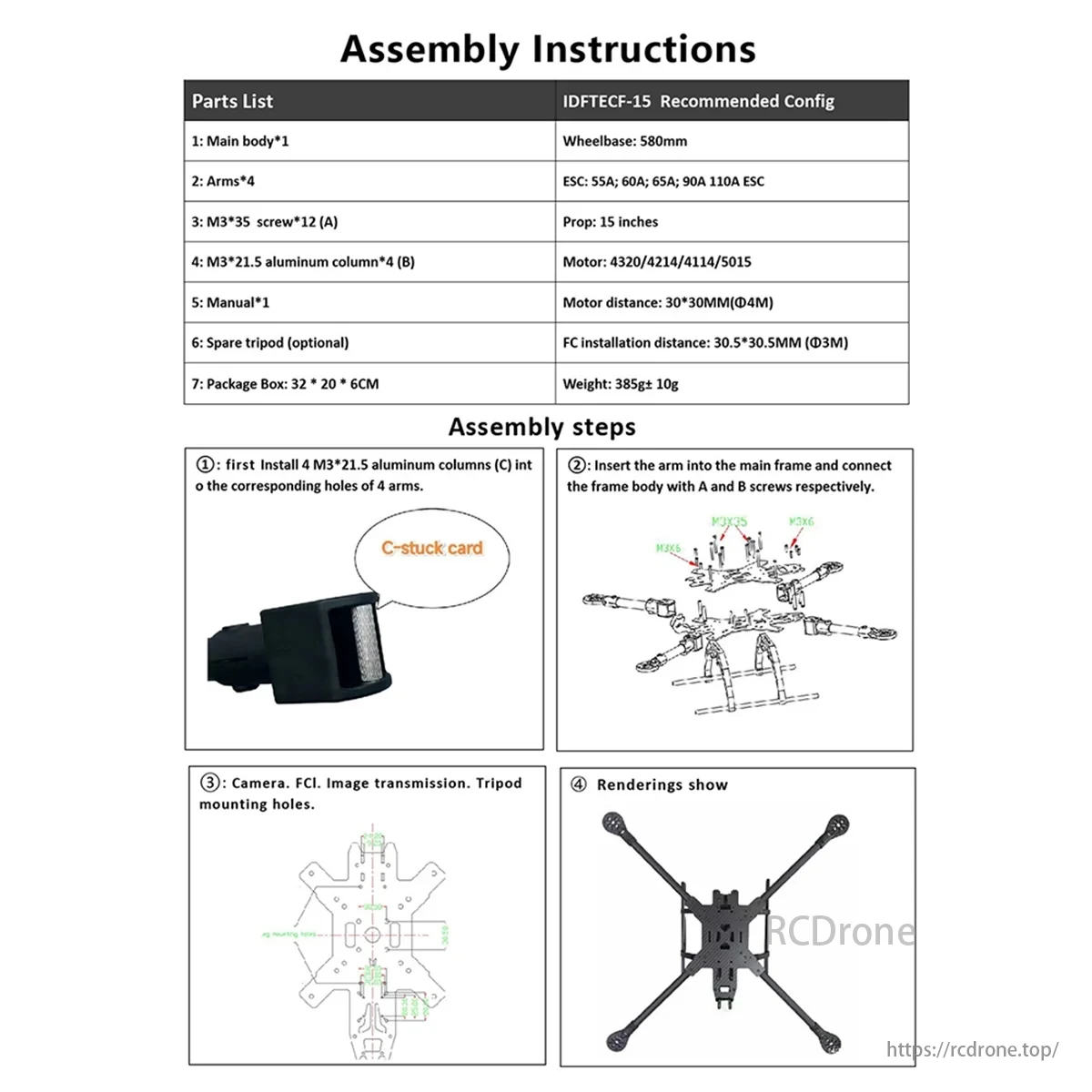 Assembly guide for a carbon fiber drone frame: 15-inch, 580mm wheelbase. Covers parts, columns, arms, mounting, and tripod hole securing.