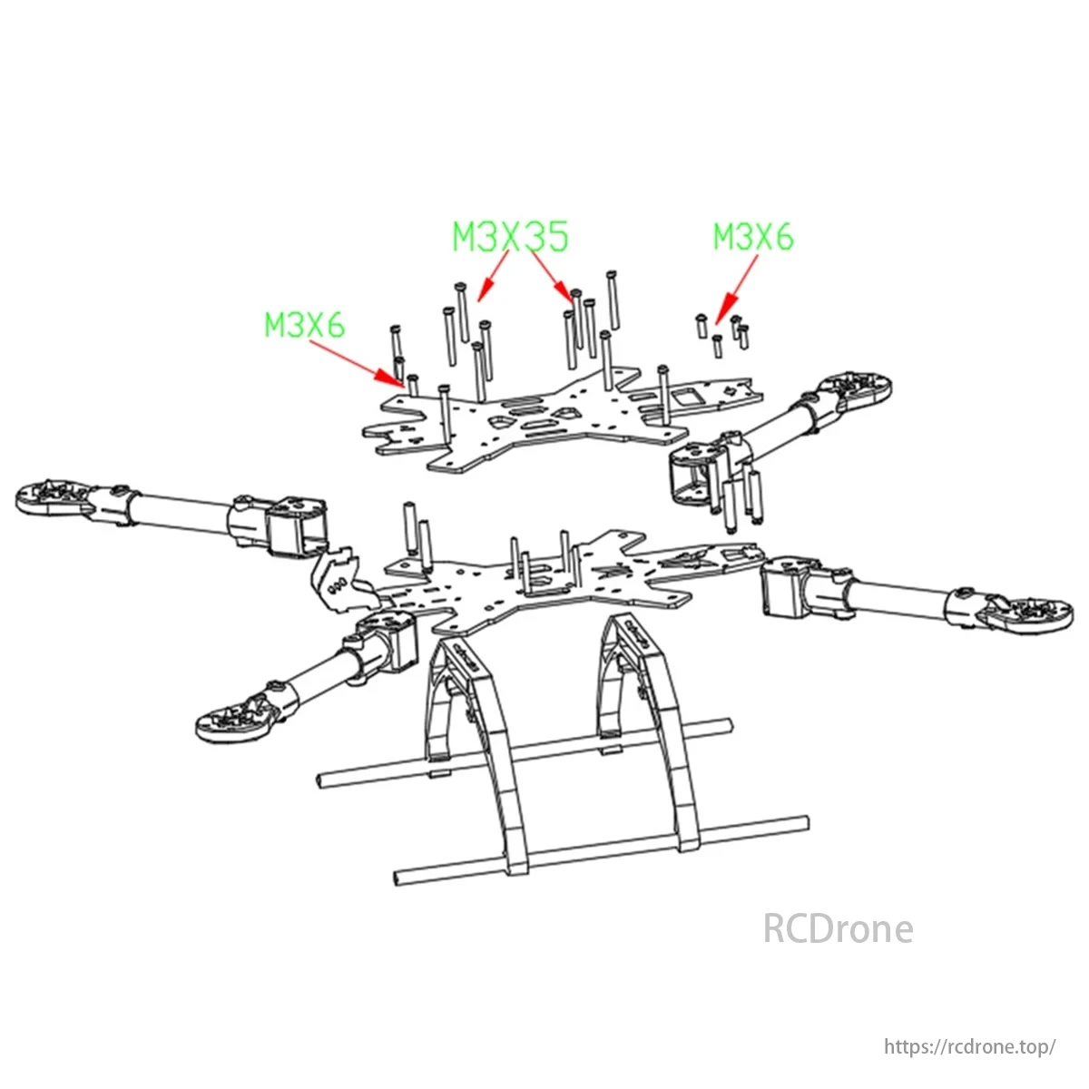 A 15-inch carbon fiber drone frame with M3x6 and M3x35 screws for stability and performance.