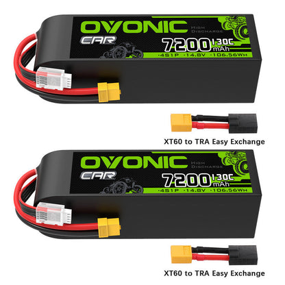 OVONIC 2-Pack 7200mAh 130C 14.8V 4S LiPo batteries with XT60 plug and XT60 to TRA adapter