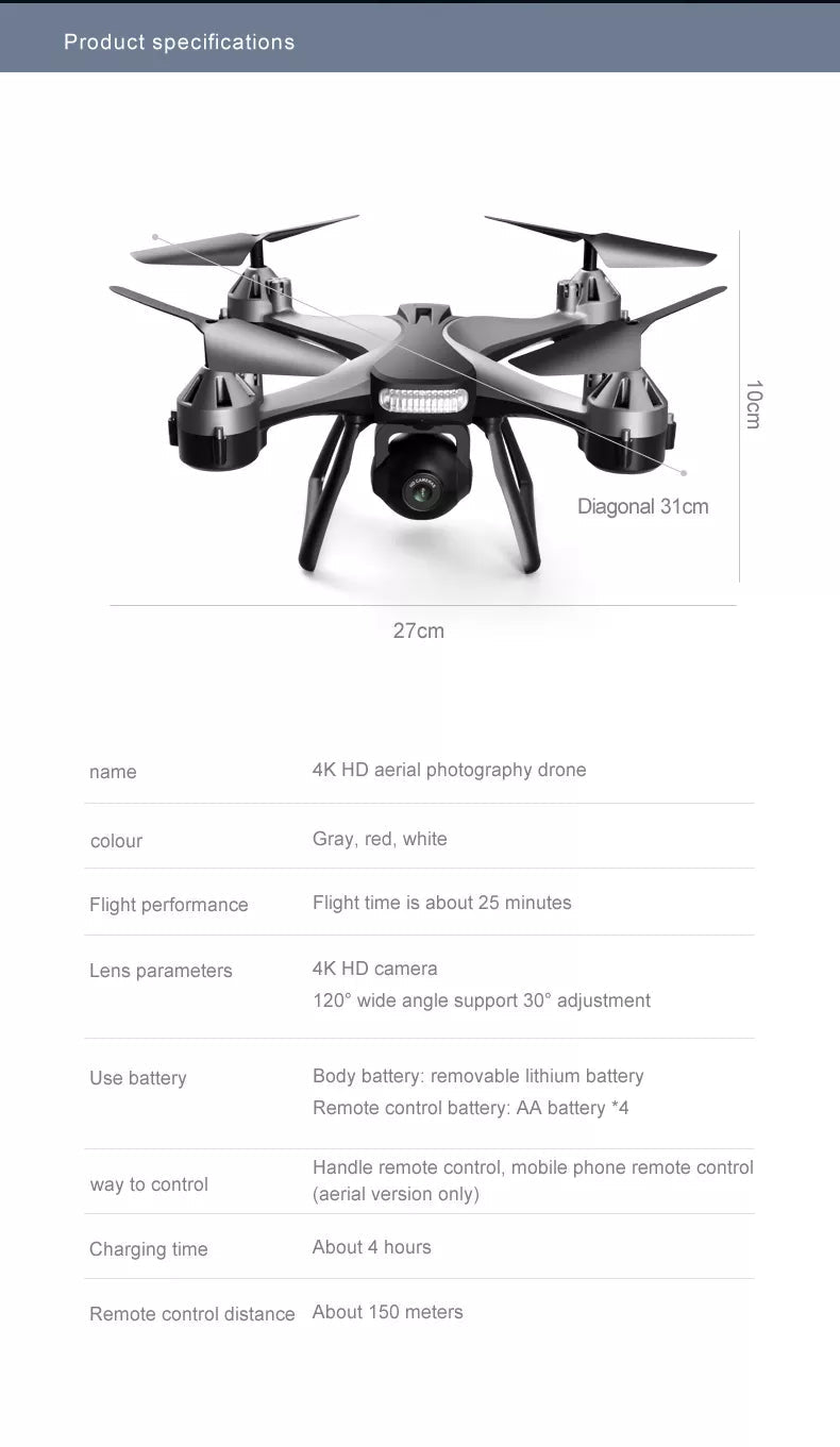 JCRC JC801 Mini Drone, 4k hd aerial photography drone colour gray, red, white