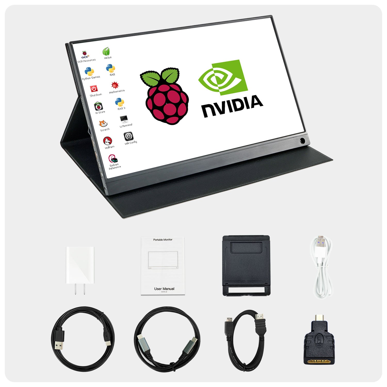 Portable monitor package contents: 15.6in touch display, folio stand, power adapter, Type‑C and HDMI cables, manual