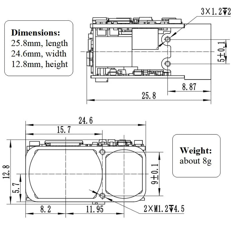 LaserRangeFinder, Compact laser range finder module for golf and UAV pods, suitable for distance measurements up to 1500 meters.