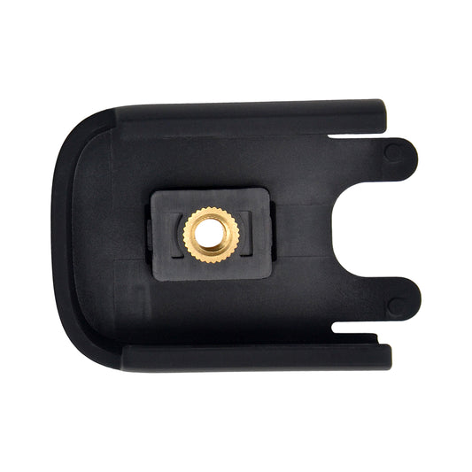 Black plastic mounting bracket with central brass threaded insert and open U-shaped clip end