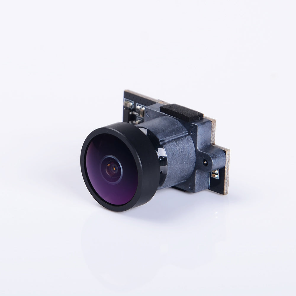 Foxeer Legend 2+ camera lens module with black housing and wide-angle glass on a small circuit board