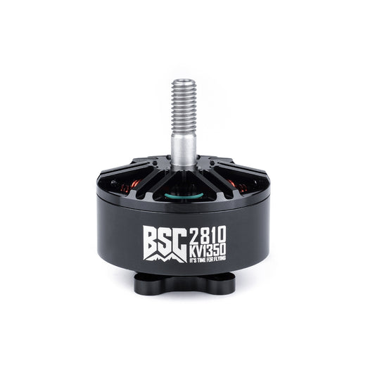 MAD BSC2810 V1.0 FPV Drone Motor, MAD BSC2810 brushless FPV drone motor with threaded shaft, black housing, and KV1350 label