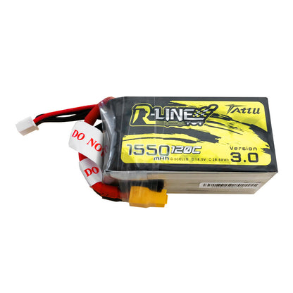 Tattu R-Line V3 1550mAh 5S 120C LiPo battery pack with XT60 lead and white JST-XHR balance plug