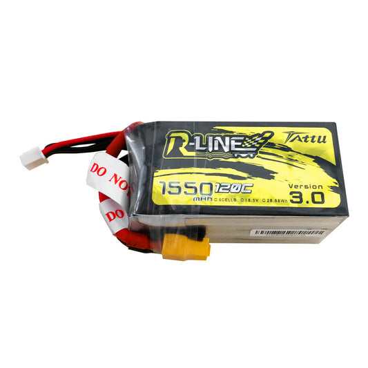 Tattu R-Line V3 1550mAh 5S 120C LiPo battery pack with XT60 lead and white JST-XHR balance plug
