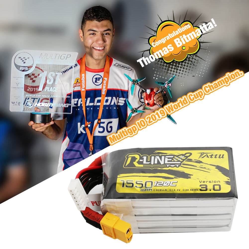 Tattu R-Line V3 1550mAh 5S LiPo battery pack with XT60 connector and JST-XHR balance plug, 120C label