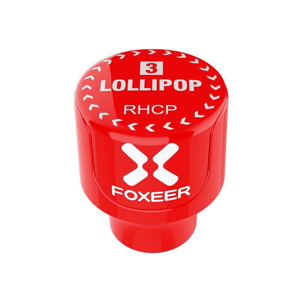 Foxeer Lollipop 3 stubby omni FPV antenna in red, labeled RHCP, with compact low-profile cap design
