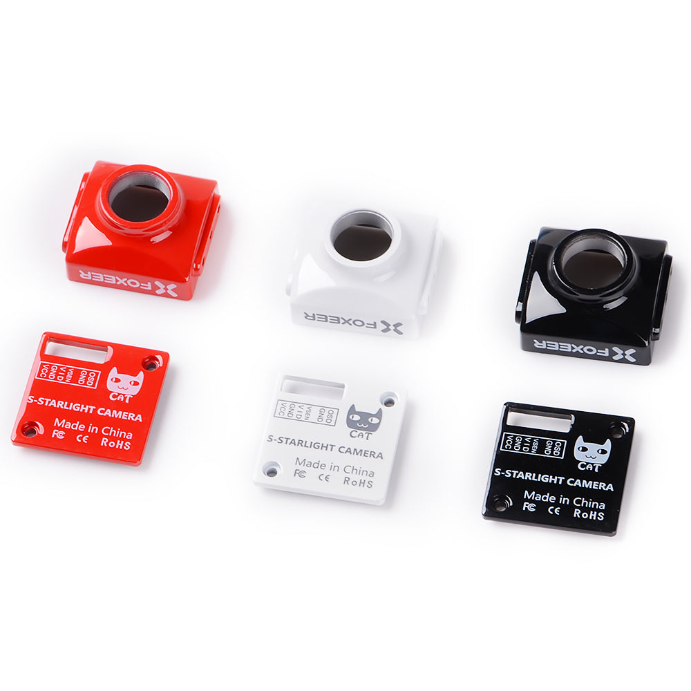 Foxeer Cat camera case set in red, white, and black with lens housing and rear cover plates with pin labels