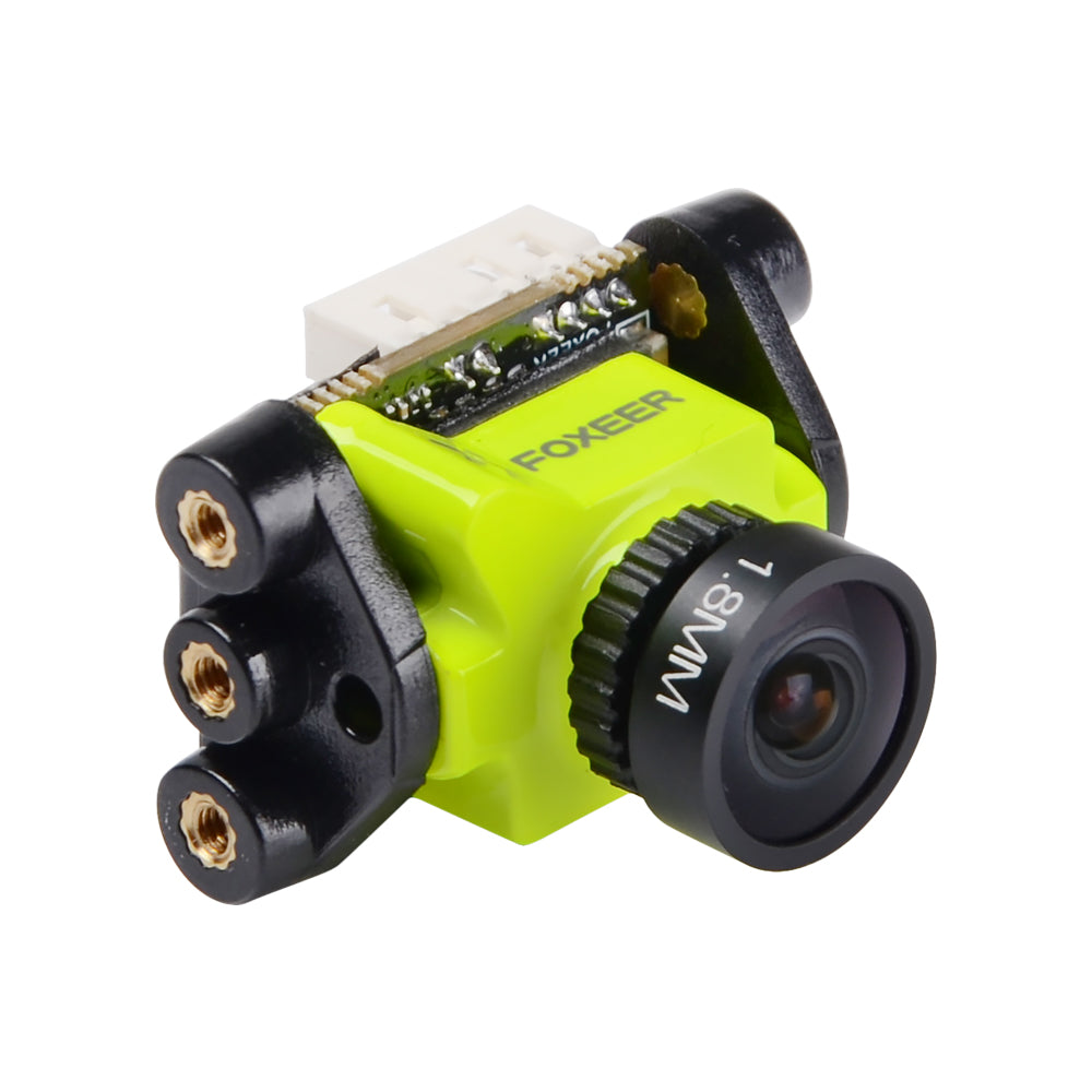 Foxeer micro FPV camera mounted in extension bracket with multiple threaded holes and 1.8mm lens