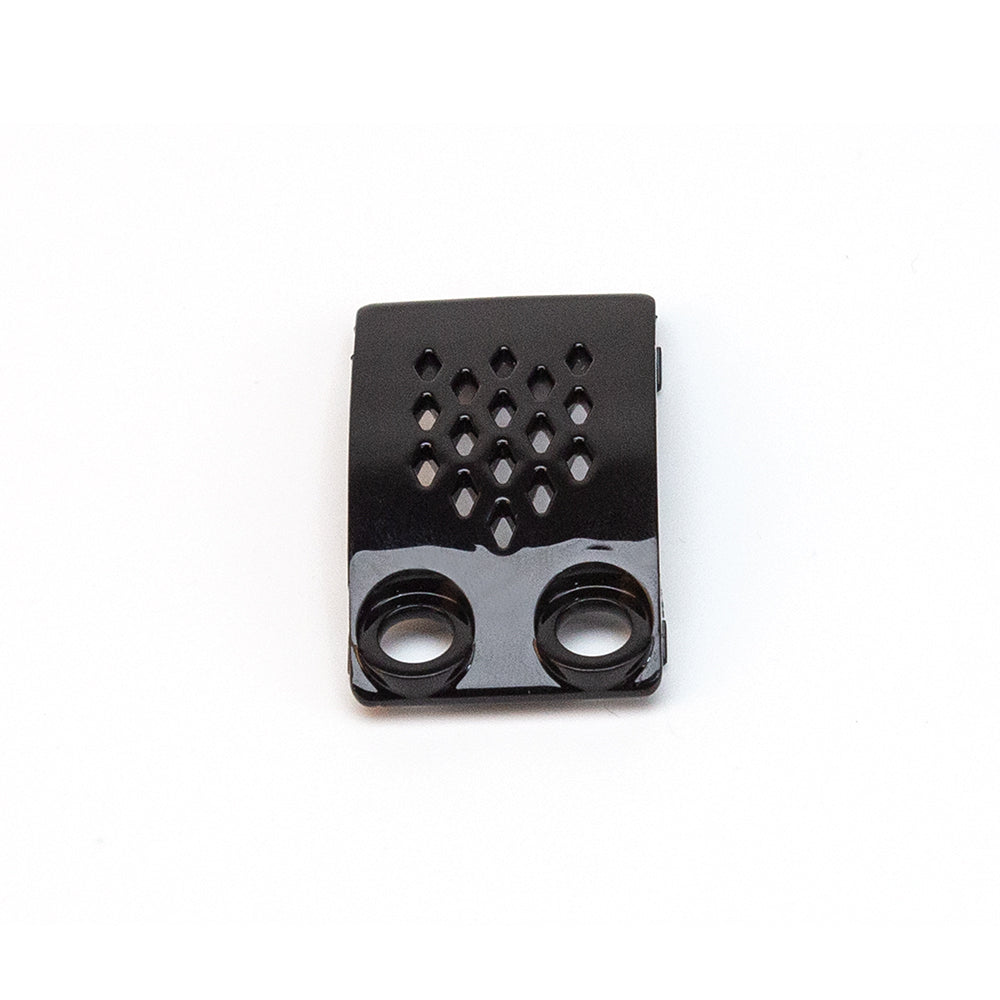 Black bay cover front view with diamond ventilation holes and two circular openings