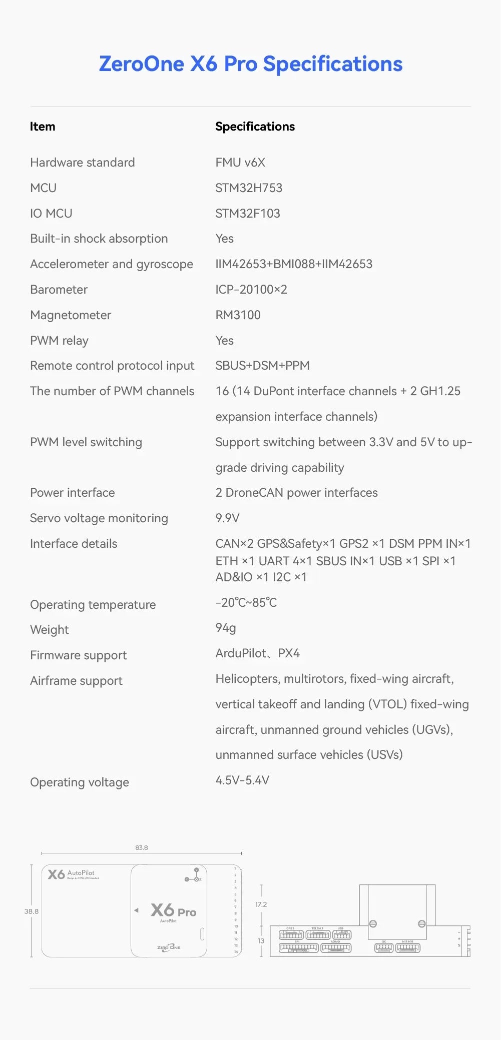 ZeroOne X6 Pro Autopilot Flight Controller, ZeroOne X6 Pro is a lightweight, rugged flight controller supporting ArduPilot/PX4 for various vehicles with advanced power and PWM features.