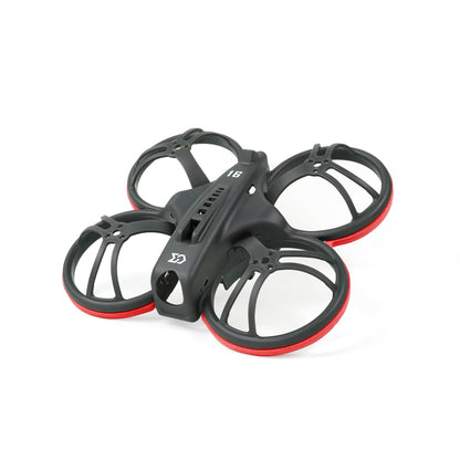 Whoopfly16 75mm whoop frame, angled view with red bumper rings around duct guards
